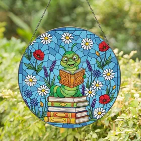 Book Lovers' Intricate Jewel Tone Stained Glass Reading Caterpillar Floral Garden Mosaic Stained Glass Suncatcher