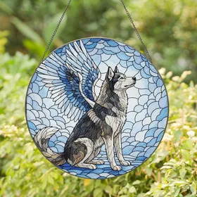 Dog Lovers' Majestic Winged Husky Luminous Stained Glass Mosaic Blue Grey White Tan Ethereal Sky Art Stained Glass Suncatcher