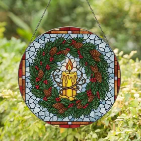 Winter Holiday Lovers' Golden Candle Tiffany Stained Glass Pinecone Berry Icy Mosaic Stained Glass Suncatcher