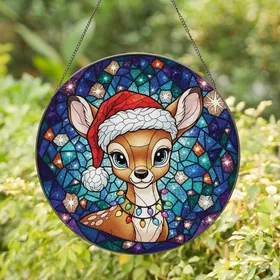Holiday Enthusiasts' Festive Fawn Tiffany Style Jewel Tone Stained Glass Christmas Mosaic Art Stained Glass Suncatcher