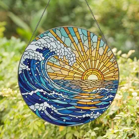 Art Lovers' Jewel Tone Stained Glass Crashing Wave Golden Sun Seascape Art Stained Glass Suncatcher