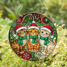 Cat Lovers' Glowing Stained Glass Tabby Cats Santa Hats Emerald Red Winter Mosaic Stained Glass Suncatcher