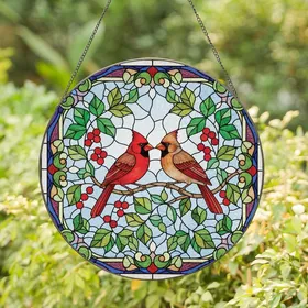 Nature Lovers' Tiffany Style Stained Glass Cardinal Pair Forest Green Red Berries Sky Blue Mosaic Stained Glass Suncatcher
