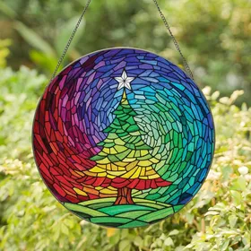 Holiday Art Lovers' Intricate Stained Glass Christmas Tree Night Sky Jewel Tone Mosaic Stained Glass Suncatcher