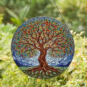 Nature Lovers' Tiffany Style Stained Glass Tree of Life Mosaic, Jewel Tone Leaves & Roots Stained Glass Suncatcher