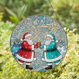 Holiday Celebrators' Vibrant Stained Glass Santas Gift Teal Red Gold Blue Snowflake Mosaic Art Stained Glass Suncatcher
