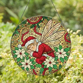 Christmas Art Lovers' Tiffany Stained Glass Sleeping Elf, Poinsettia, Holly, Glowing Festive Mosaic Stained Glass Suncatcher