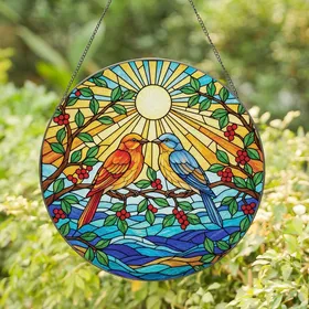 Nature Lovers' Vibrant Tiffany Style Stained Glass Songbirds & Berries Mosaic Art Stained Glass Suncatcher
