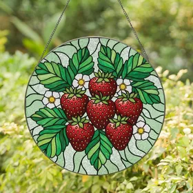 Art Lovers' Intricate Tiffany Stained Glass Strawberry, Leaf, Blossom Mosaic in Crimson, Emerald Green Stained Glass Suncatcher