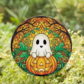 Halloween Enthusiasts' Tiffany Style Stained Glass Iridescent Ghost Jack-o'-Lantern Autumn Leaves Mosaic Stained Glass Suncatcher