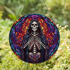 Dark Fantasy Art Lovers' Ornate Stained Glass Skeleton Cloaked Jewel Tone Mosaic Stained Glass Suncatcher