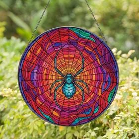 Gothic Art Collectors' Intricate Stained Glass Black Spider Teal Abdomen Jewel Tone Web Mosaic Stained Glass Suncatcher