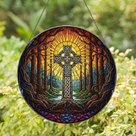 Art Enthusiasts' Jewel-Toned Stained Glass Celtic Cross Mystical Forest Sunset Mosaic Stained Glass Suncatcher