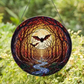 Fantasy Stained Glass Admirers Intricate Jewel Tone Tiffany Bat, Glowing Moon, Edge-to-Edge Forest Mosaic Stained Glass Suncatcher