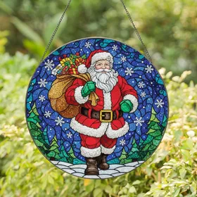 Christmas Enthusiasts' Jovial Santa Tiffany Stained Glass Vibrant Red Emerald Green Golden Winter Wonderland Mosaic Stained Glass Suncatcher