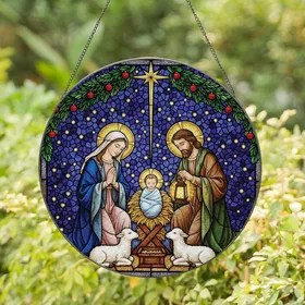 Christmas Devotees' Detailed Nativity Stained Glass Art, Mary Joseph Jesus, Golden Halos, Starry Sky, Tiffany Deep Blues, Radiant Golds Stained Glass Suncatcher