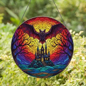 Gothic Art Lovers' Tiffany Stained Glass Bat, Haunted Castle, Dramatic Jewel Tone Sunset Stained Glass Suncatcher