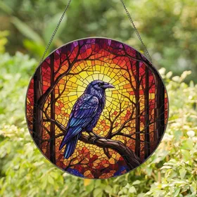 Art Lovers' Intricate Tiffany Stained Glass Raven Purple Blue Orange Red Autumn Forest Sunset Stained Glass Suncatcher