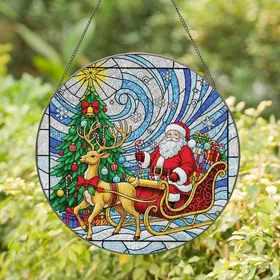 Holiday Enthusiasts' Tiffany Style Stained Glass Santa Sleigh Golden Reindeer Christmas Tree Intricate Jewel Tone Mosaic Stained Glass Suncatcher