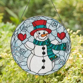 Holiday Season Lovers' Cheerful Stained Glass Snowman Mosaic, Red Hat, Teal Scarf, Winter Jewel Tones Stained Glass Suncatcher