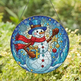 Holiday Celebrators' Intricate Stained Glass Snowman, Star & Gift Mosaic in Blue, Red, Gold Teal Stained Glass Suncatcher