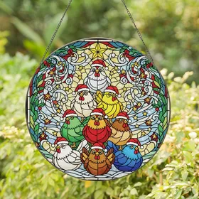 Whimsical Holiday Fans' Stained Glass Chicken Christmas Tree Jewel Tone Mosaic Stained Glass Suncatcher