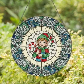 Holiday Enthusiasts' Tiffany Stained Glass Elf with Candy Cane, Jewel Tone Swirling Mosaic & Snowflakes Stained Glass Suncatcher