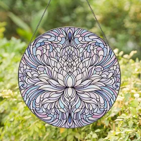 Art Lovers' Iridescent Tiffany Stained Glass Lotus Bloom Lavender Pink Blue Aquatic Mosaic Stained Glass Suncatcher