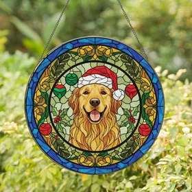 Golden Retriever Lovers' Cheerful Golden Retriever Tiffany Stained Glass Christmas Mosaic Red Green Blue Gold Stained Glass Suncatcher