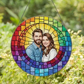 Couples' Joyful Embracing Stained Glass Art, Golden Glow, Rainbow Mosaic & Geometric Border Stained Glass Suncatcher