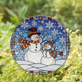 Winter Lovers' Tiffany Style Stained Glass Snowmen Jewel Tone Mosaic Winter Scene Stained Glass Suncatcher