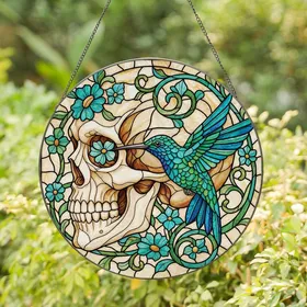 Art Lovers' Tiffany Stained Glass Skull Hummingbird Floral Teal Amber Jewel Tone Mosaic Design Stained Glass Suncatcher