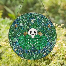 Whimsical Art Lovers' Intricate Stained Glass Friendly Ghost Monstera Leaves Dappled Jungle Mosaic Emerald Teal Amber Stained Glass Suncatcher