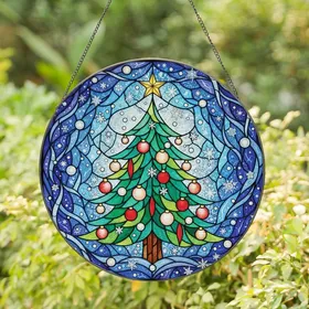 Holiday Enthusiasts' Vibrant Tiffany Stained Glass Christmas Tree Winter Sky Mosaic Red Green Gold Teal Stained Glass Suncatcher