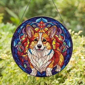 Corgi Lovers' Detailed Tiffany Stained Glass Corgi Dog Amber Red Blue Purple Mosaic Stained Glass Suncatcher