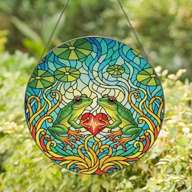 Nature Lovers' Vibrant Tiffany Stained Glass Green Yellow Tree Frogs, Red Heart, Intricate Pond Mosaic Stained Glass Suncatcher