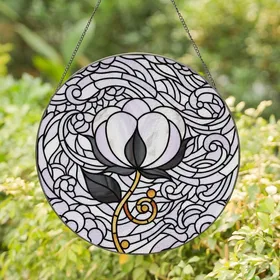 Nature Lovers' Tiffany Stained Glass Cotton Flower Lavender Amber Intricate Mosaic Stained Glass Suncatcher