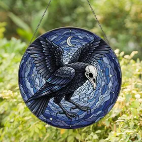 Gothic Style Enthusiasts' Tiffany Stained Glass Crow Raven Skeletal Skull Ethereal Sky Jewel Tones Stained Glass Suncatcher