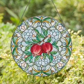 Art Enthusiasts' Tiffany Style Stained Glass Pomegranate Floral Mosaic in Crimson, Teal, Green Jewel Tones Stained Glass Suncatcher