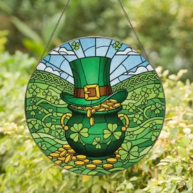 St. Patrick's Day Admirers Vibrant Emerald Gold Stained Glass Leprechaun Pot Shamrock Celtic Knot Full Art Stained Glass Suncatcher