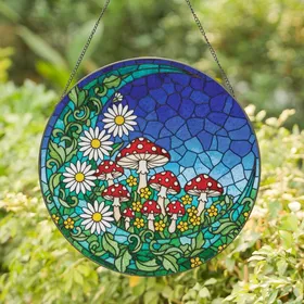 Nature Lovers' Vibrant Leaded Glass Crescent Moon Toadstool Daisy Floral Mosaic Stained Glass Suncatcher