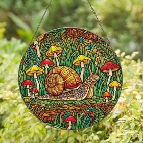 Nature Lovers' Vibrant Tiffany Style Stained Glass Snail Mushroom Forest Floor Mosaic Jewel Tones Stained Glass Suncatcher