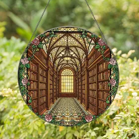 Book Lovers' Tiffany Stained Glass Library Corridor Design with Vibrant Jewel Tones & Book Stacks Stained Glass Suncatcher