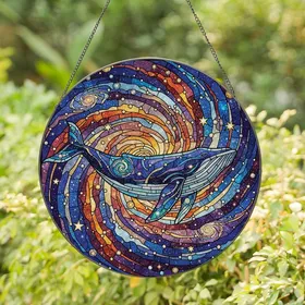 Cosmic Ocean Lovers' Tiffany Stained Glass Baleen Whale Galaxy Nebula Deep Blue Purple Orange Jewel Mosaic Stained Glass Suncatcher