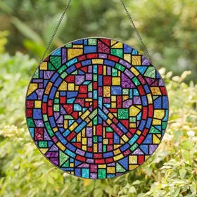 Peace Advocates' Intricate Tiffany Style Stained Glass Peace Symbol Mosaic Jewel Tones Red Blue Green Yellow Stained Glass Suncatcher