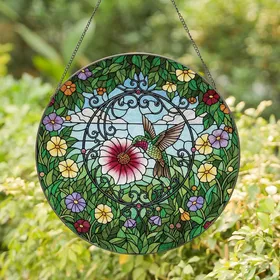 Art Lovers' Vibrant Tiffany Stained Glass Hummingbird Floral Mosaic Jewel Tones Stained Glass Suncatcher