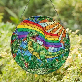 Vibrant Art Enthusiasts' Roaring T-Rex Rainbow Flag Stained Glass Mosaic Jewel Tones Stained Glass Suncatcher