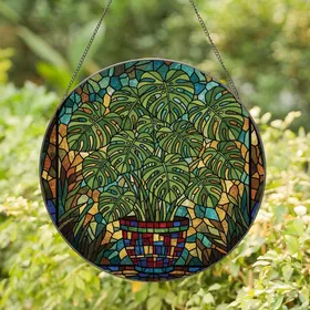 Plant Lovers' Lush Monstera Deliciosa Stained Glass Art with Jewel Tones & Bold Lead Lines Stained Glass Suncatcher