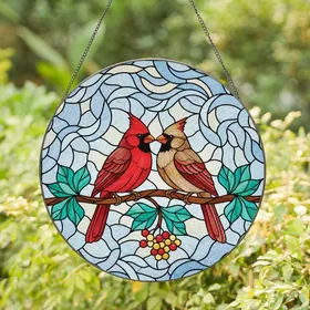 Art Enthusiasts' Tiffany Style Stained Glass Cardinal Pair Jewel Tone Intricate Winter Mosaic Stained Glass Suncatcher