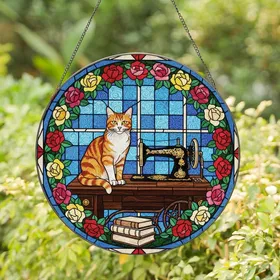 Cat & Craft Lovers' Tiffany Stained Glass Tabby Cat, Sewing Machine, Roses, Blue Sky Jewel Tone Mosaic Stained Glass Suncatcher